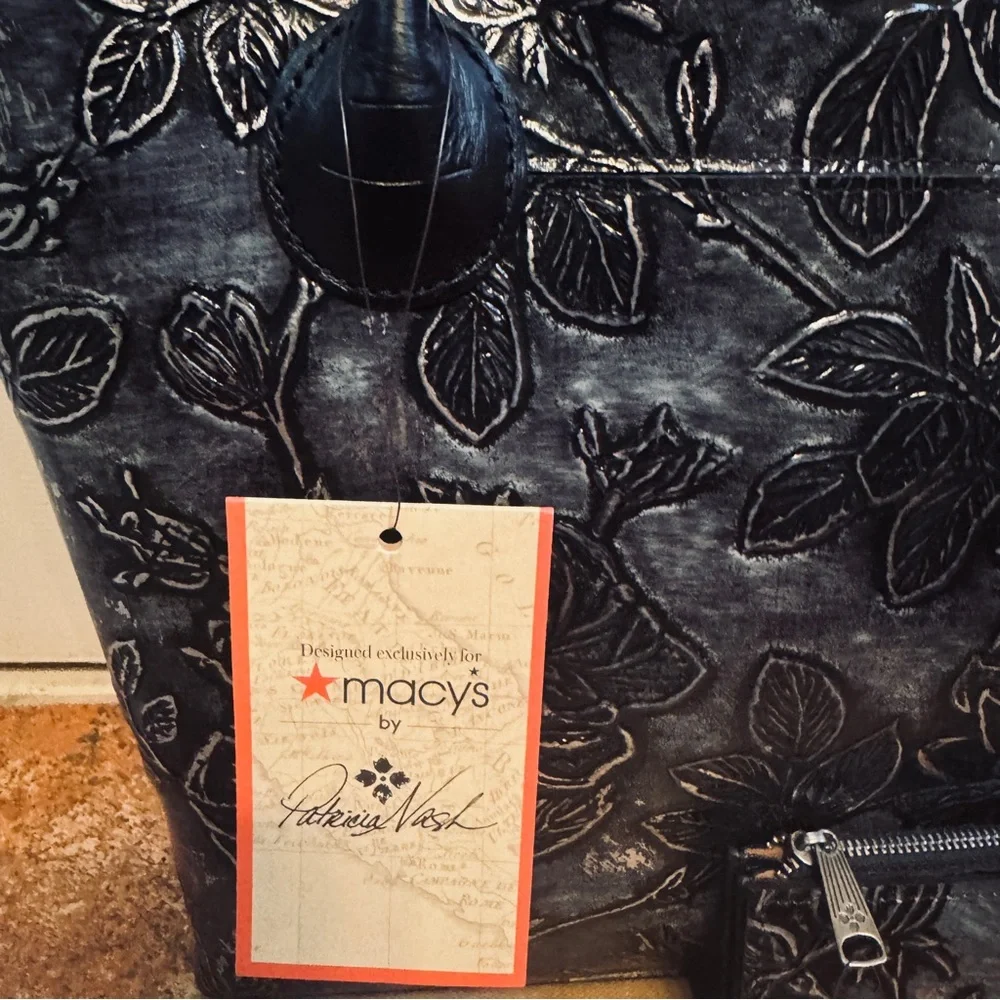 NWT! Elegant Patricia Nash Eastleigh Blackw/Silver Leaf Embossed Leather Tote! - Picture 5 of 15